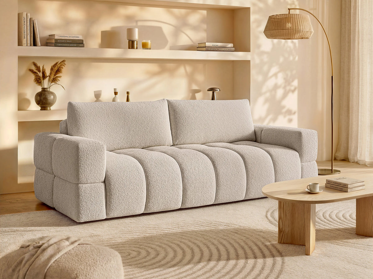 Canapé Bubble 3 places convertible en tissu bouclette beige - ISSORO