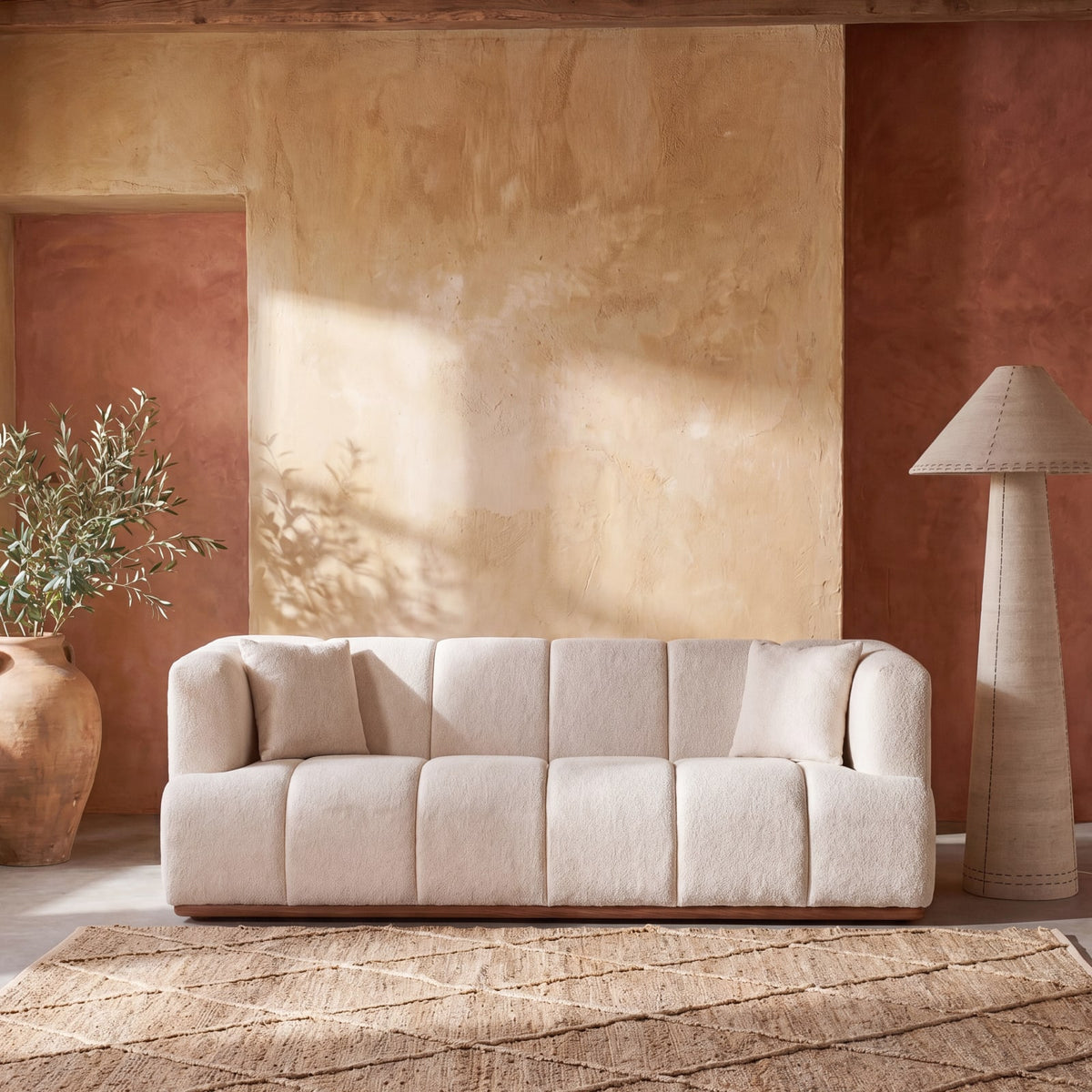 Canapé CLOUD 3 places en tissu tramé beige et bois de frêne coloris noyer - FILAO