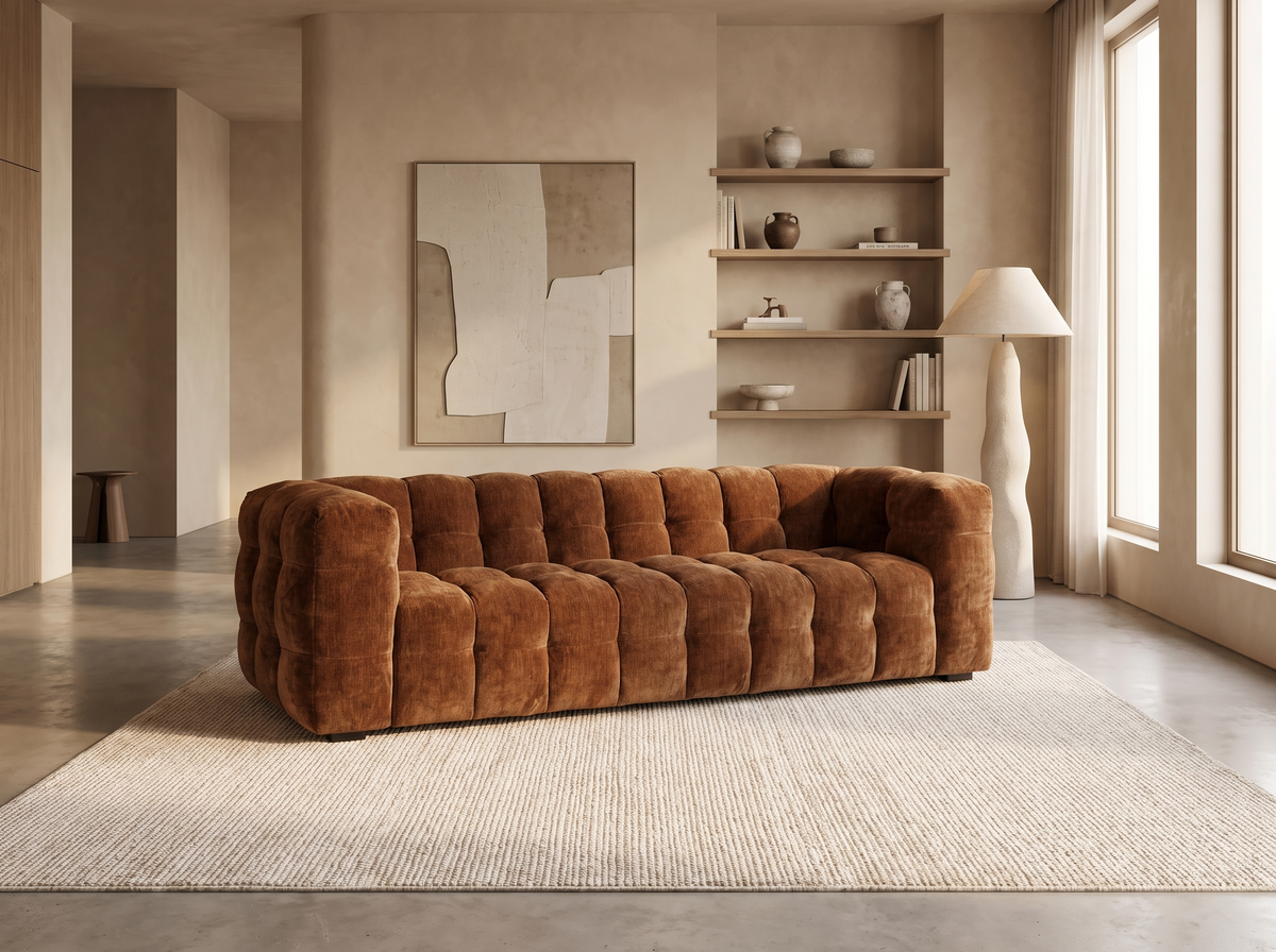 Canapé CLOUD 3/4 places en velours cognac effet vieilli - LILO