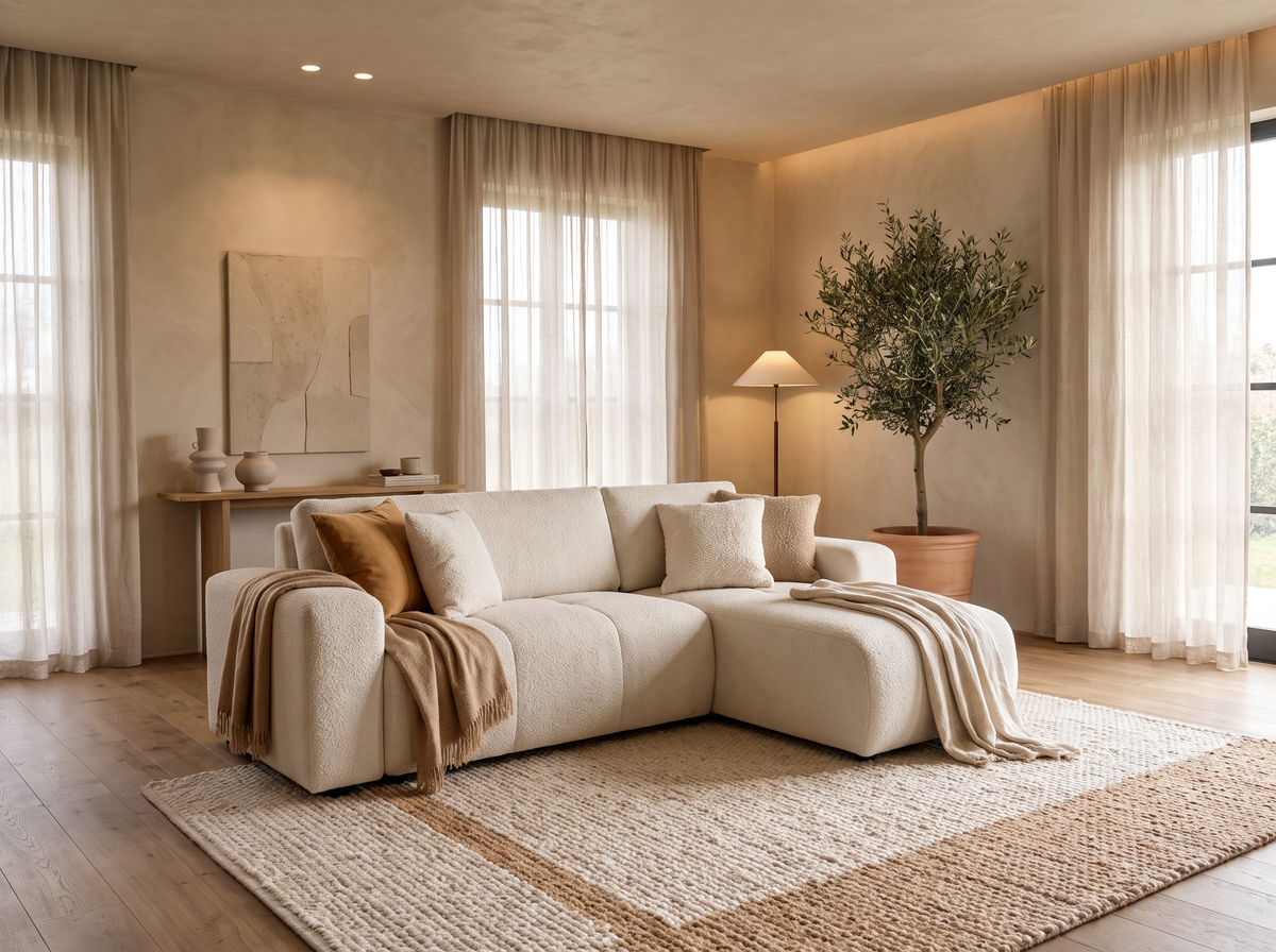 Canapé CLOUD d'angle convertible 4 places avec coffre en tissu beige - NICOLE