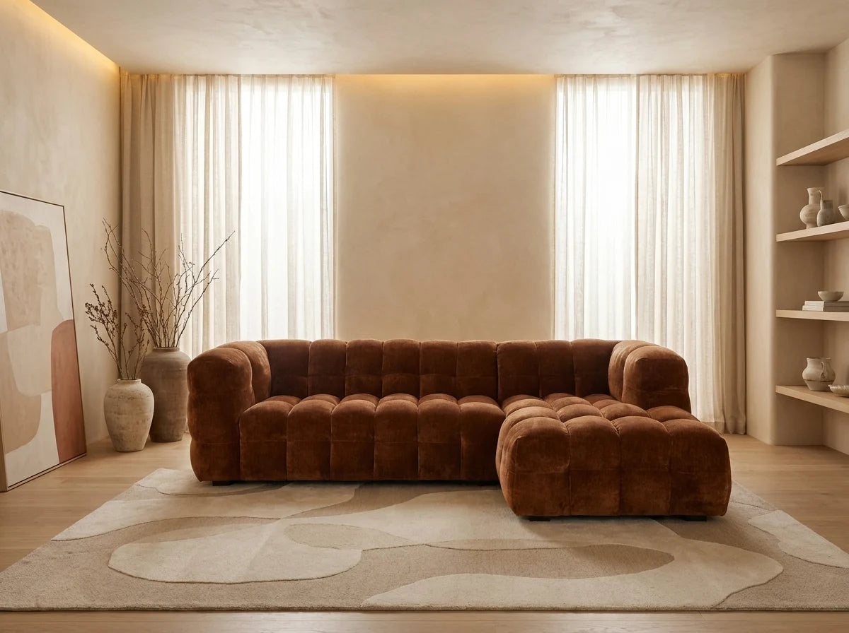 Canapé CLOUD d'angle droit 4/5 places en velours bronze effet vieilli - LILO