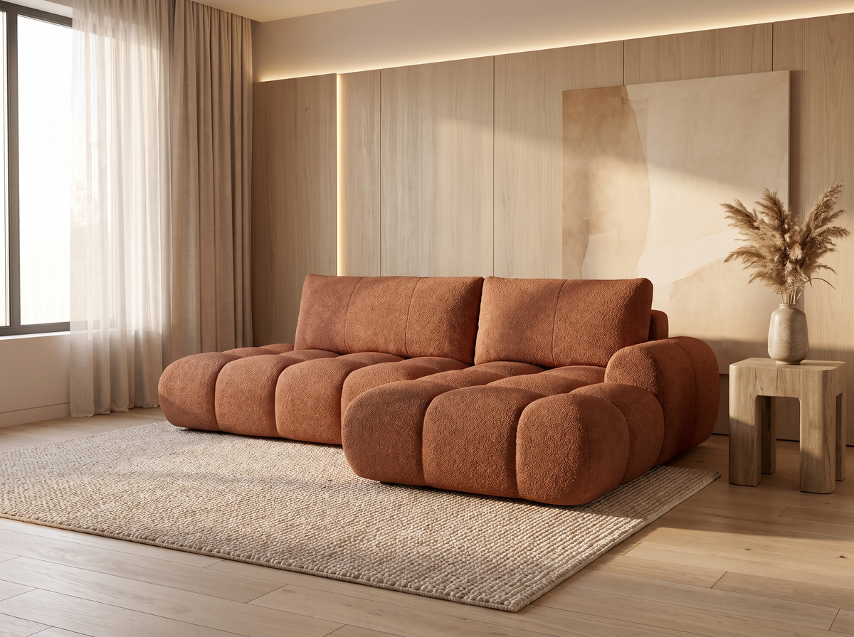 Canapé CLOUD d'angle droit convertible 4 places en tissu bouclette rouille - YULIN