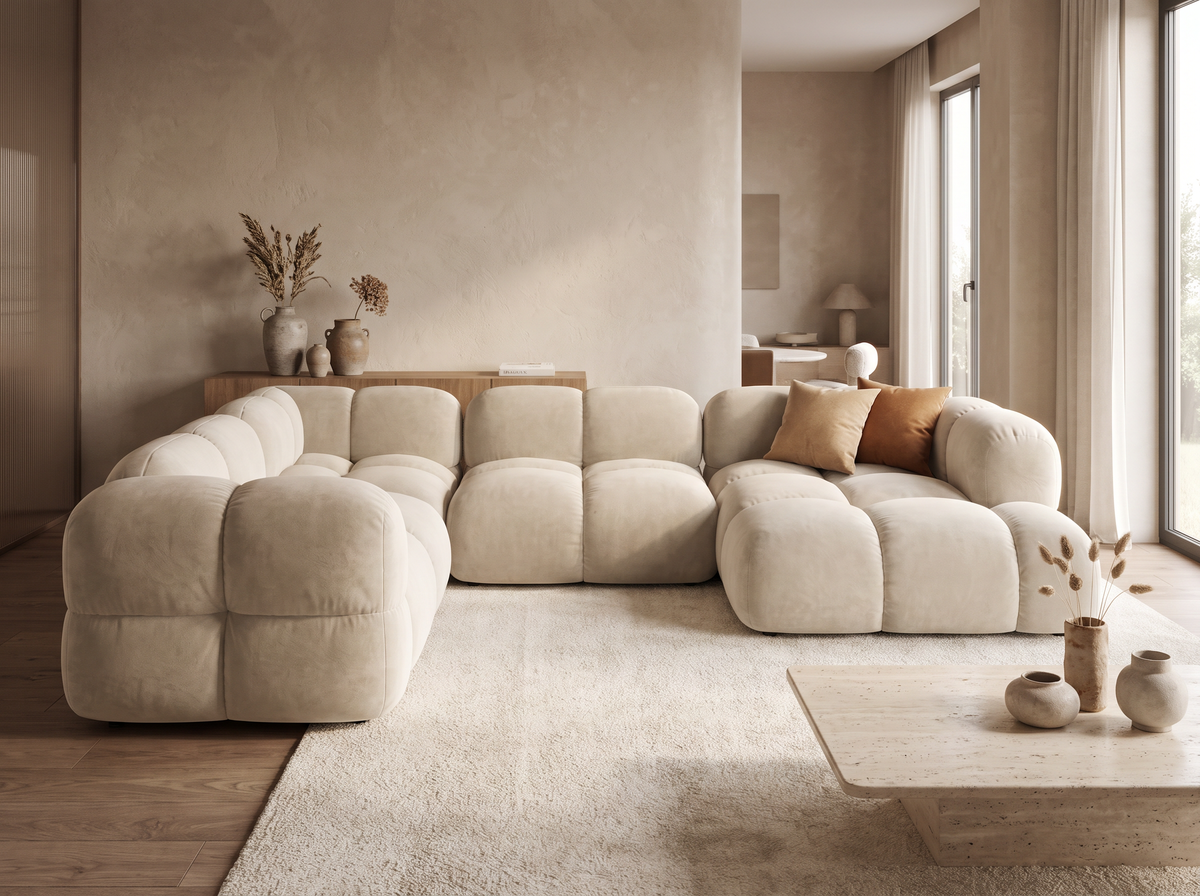 Canapé CLOUD d'angle panoramique 5 places en velours beige clair - LORETTO