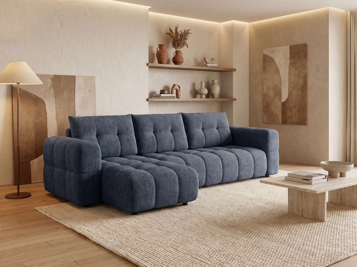 Canapé CLOUD d'angle gauche 4 places en tissu chenille bleu marine - CLOUDI