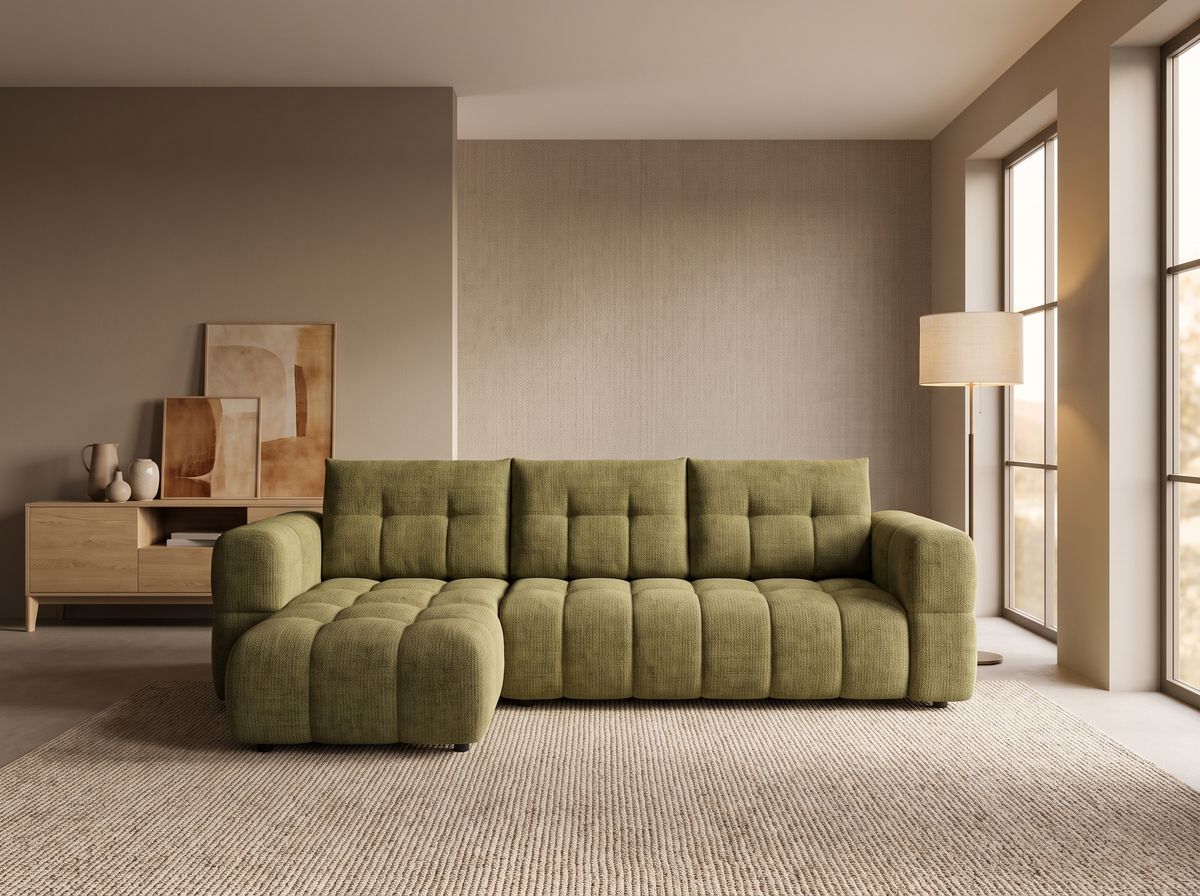 Canapé CLOUD d'angle gauche 4 places en tissu chenille vert olive - CLOUDI