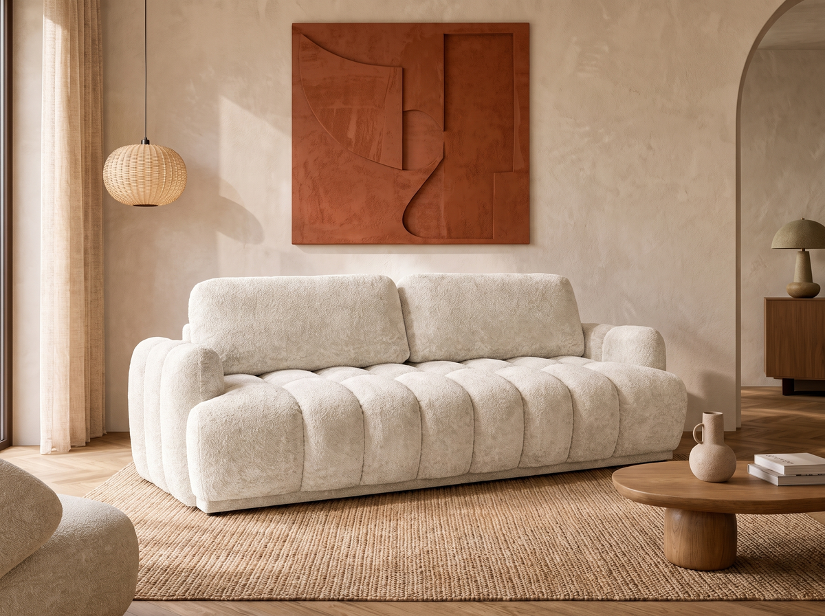 Canapé CLOUD droit convertible 3 places en tissu bouclette beige - SILVIA