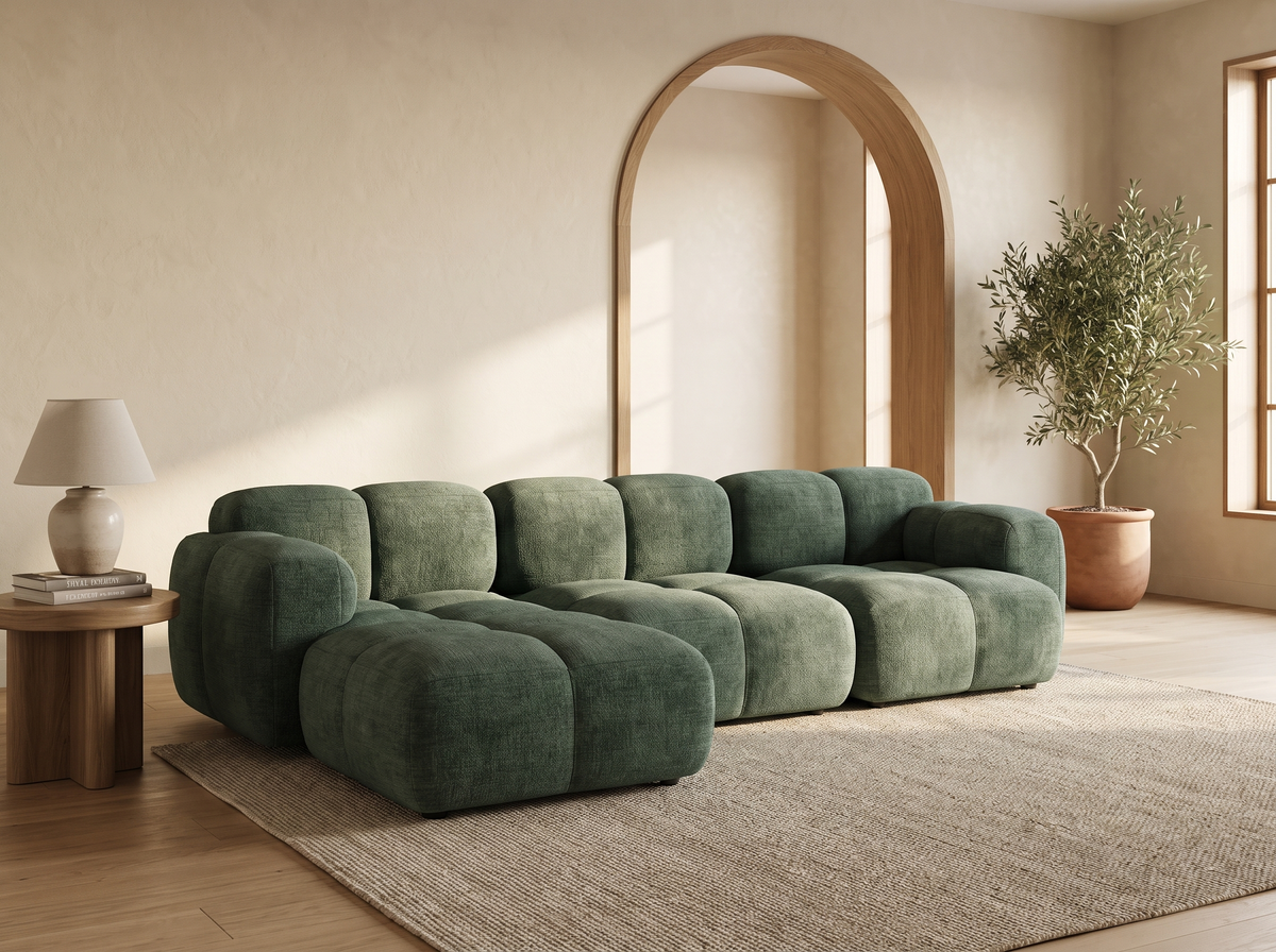 Canapé CLOUD modulable 4 places d'angle réversible en velours texturé vert - GRACE