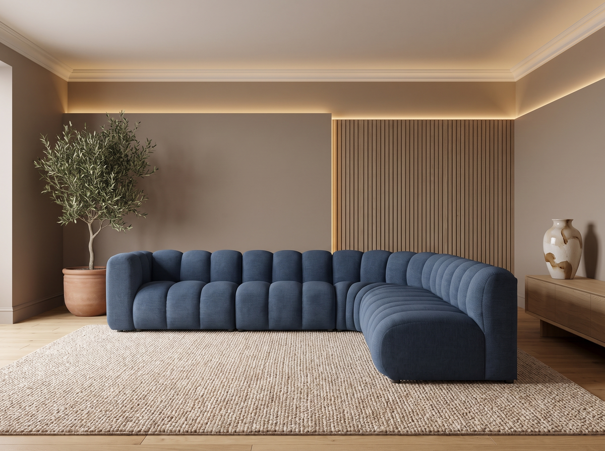 Canapé CLOUD modulable d'angle droit 5 places en tissu texturé bleu - DEBBIE
