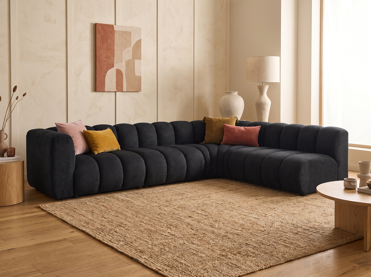 Canapé CLOUD modulable d'angle droit 5 places en tissu texturé noir - DEBBIE