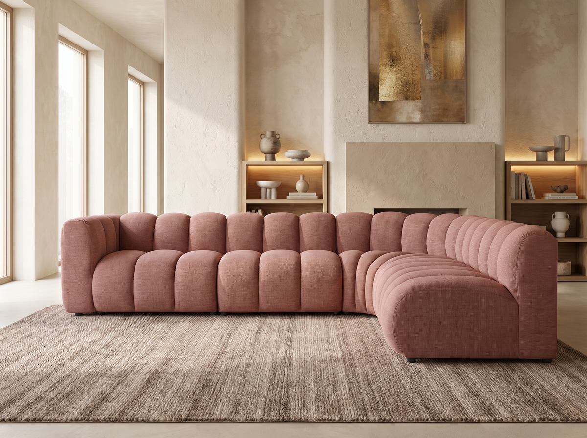 Canapé CLOUD modulable d'angle droit 5 places en tissu texturé rose - DEBBIE