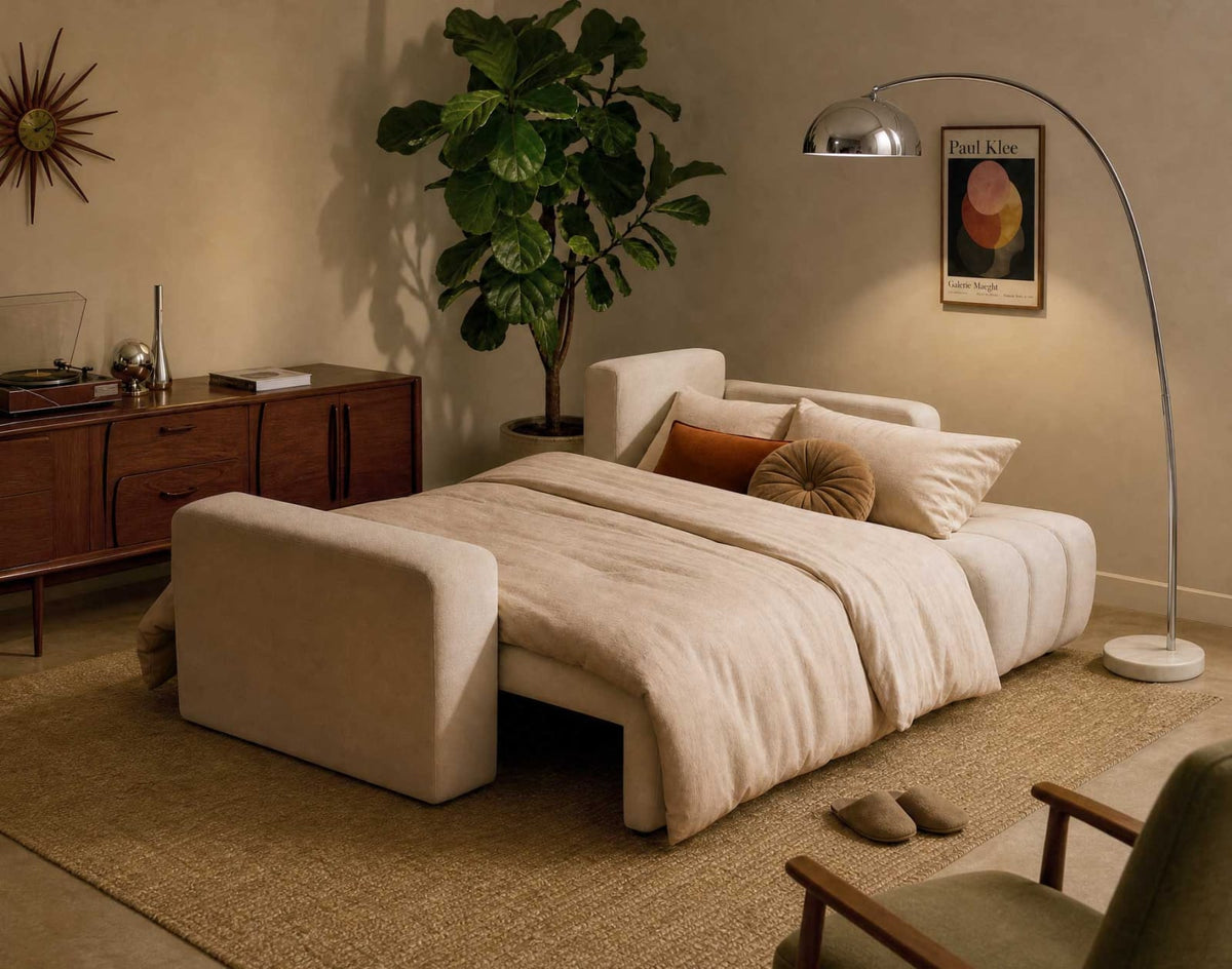 Canapé CLOUD d'angle convertible 4 places avec coffre en tissu beige - NICOLE