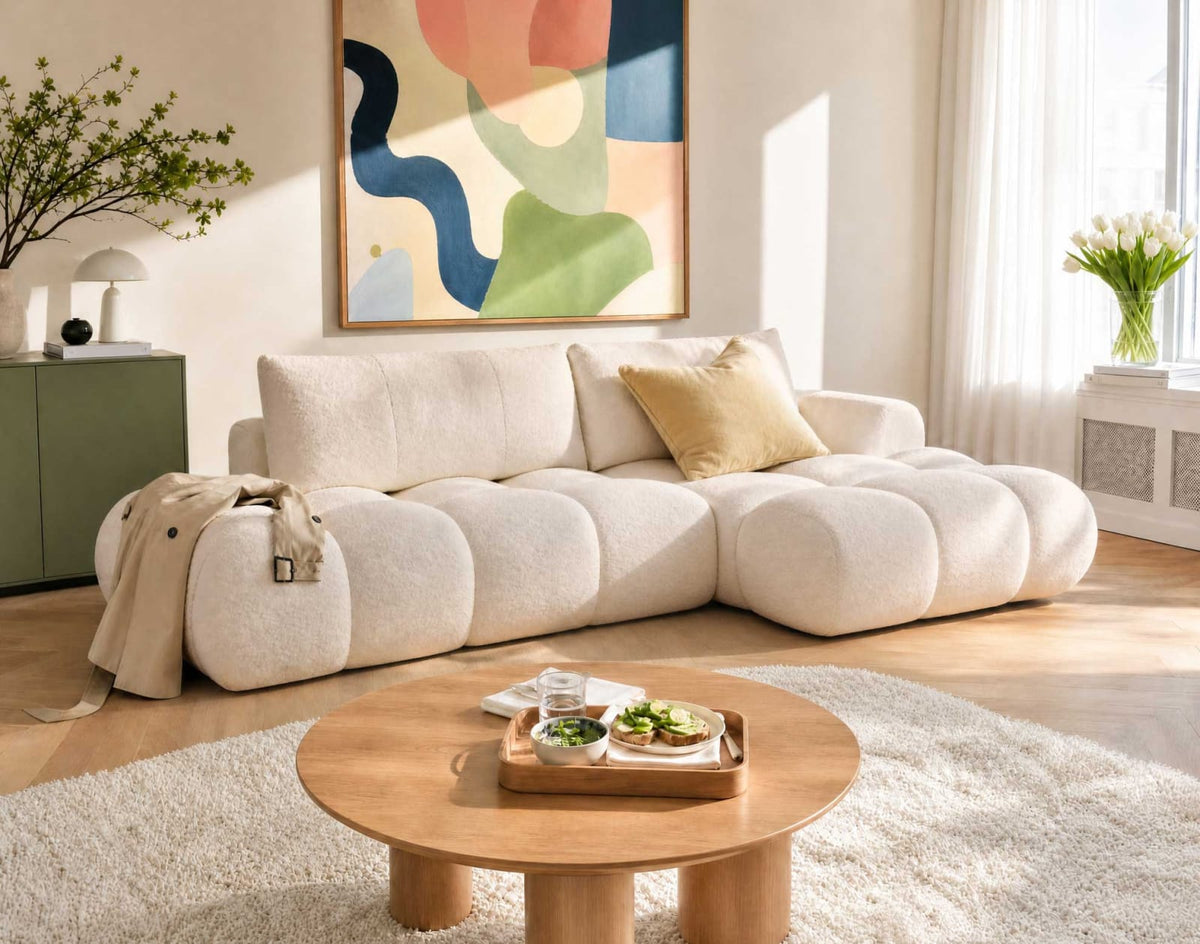 Canapé CLOUD d'angle droit convertible 4 places avec coffre en tissu bouclette beige - YULIN