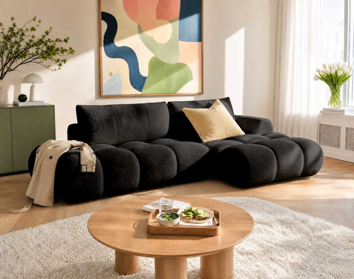 Canapé CLOUD d'angle droit convertible 4 places avec coffre en tissu bouclette noir - YULIN