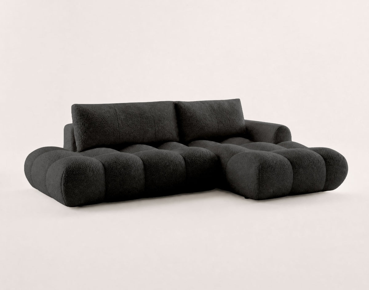 Canapé CLOUD d'angle droit convertible 4 places avec coffre en tissu bouclette noir - YULIN