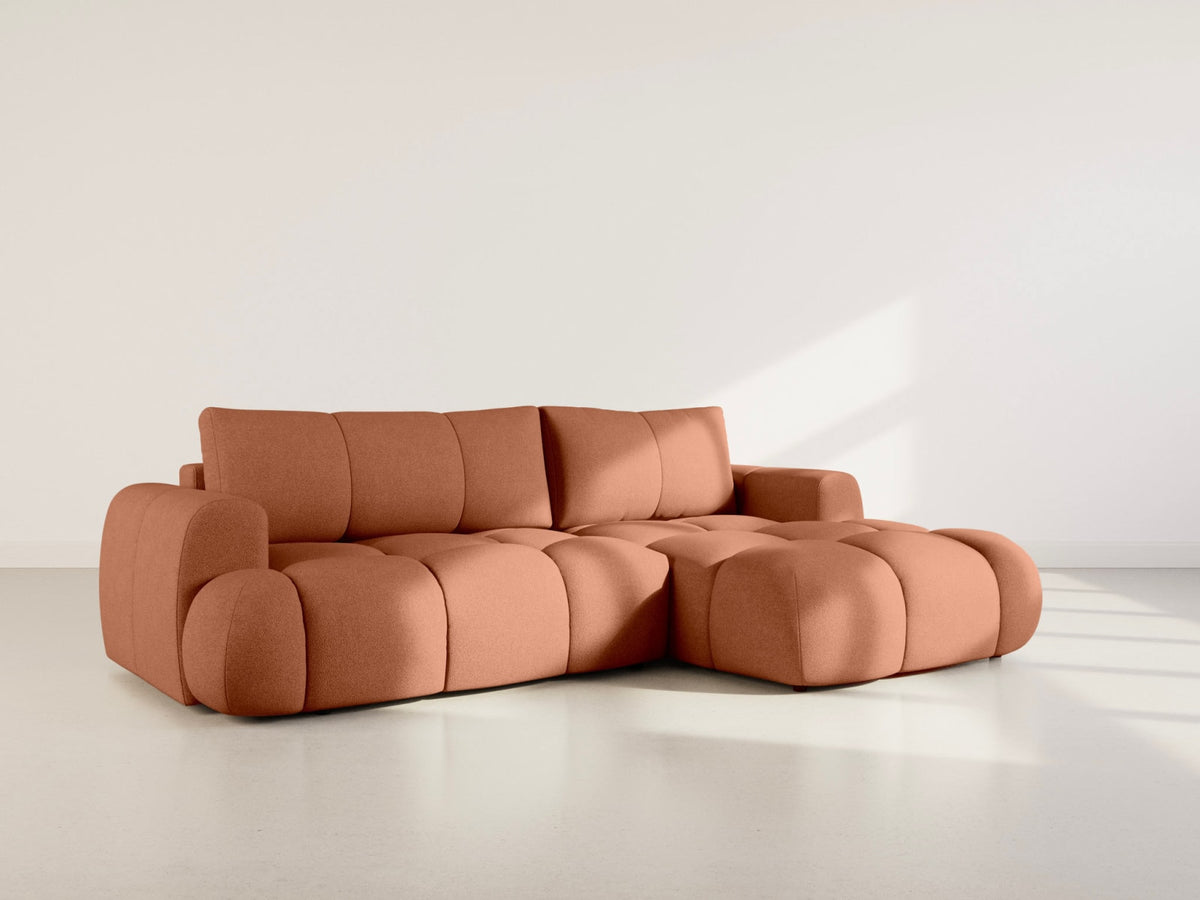 Canapé CLOUD d'angle droit convertible 4 places à méridienne et coffre en tissu bouclette rouille - YULIN