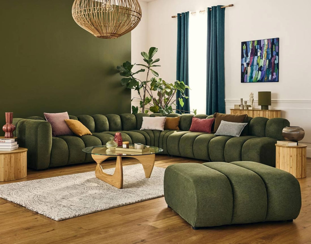 Canapé CLOUD modulable d'angle droit 5 places en tissu texturé vert - DEBBIE