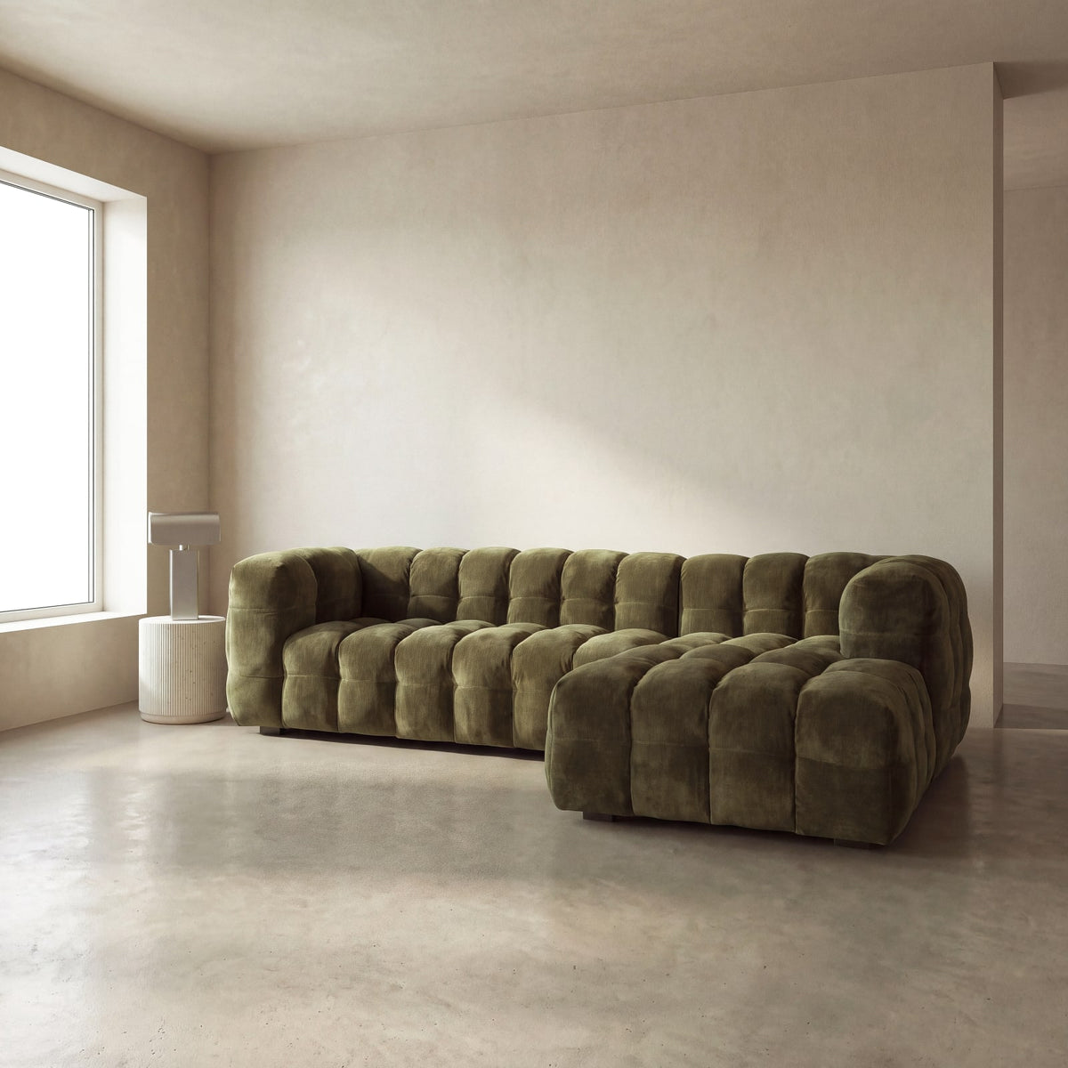 Canapé CLOUD d'angle droit 4/5 places en velours vert kaki effet vieilli - LILO