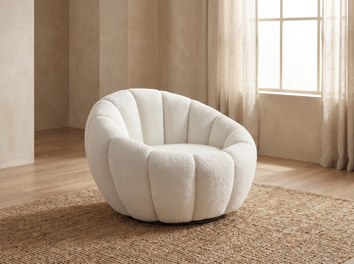 Fauteuil coquillage CLOUD pivotant en tissu bouclette blanc - COSSATO