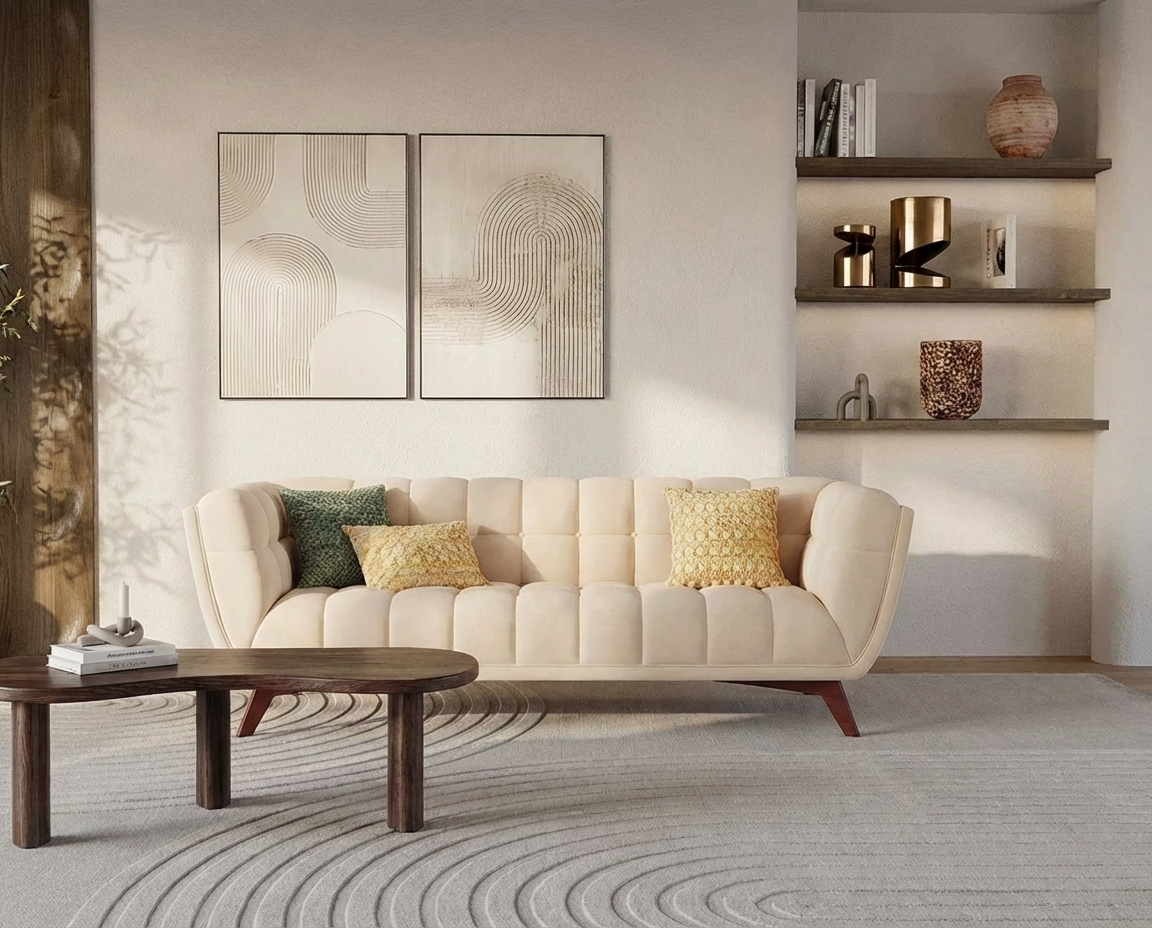 Canapé 3 places vintage en velours beige - MONA