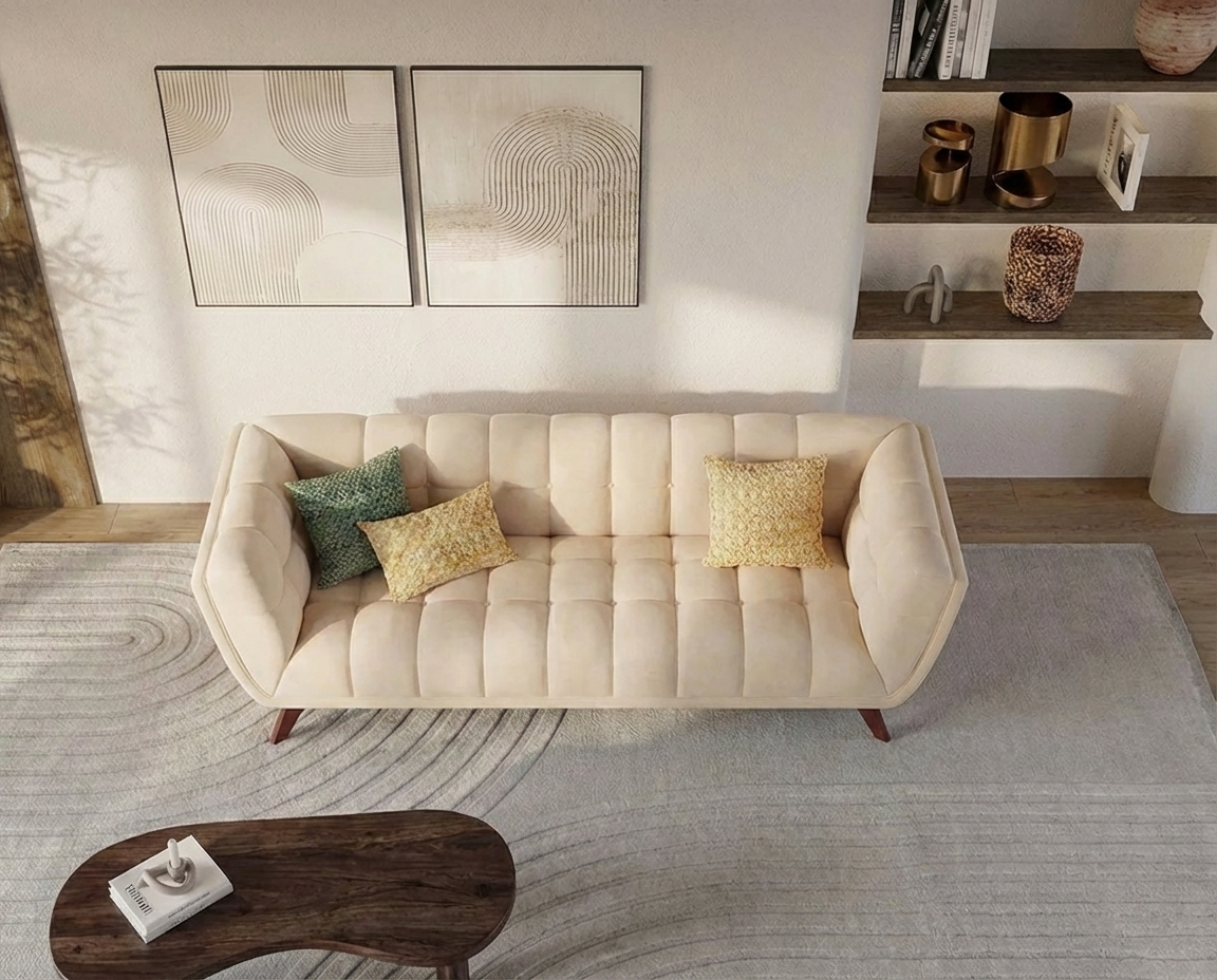 Canapé 3 places vintage en velours beige - MONA