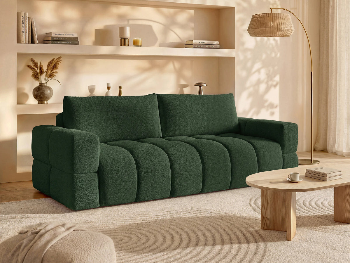 Canapé Bubble 3 places convertible en tissu bouclette vert - ISSORO