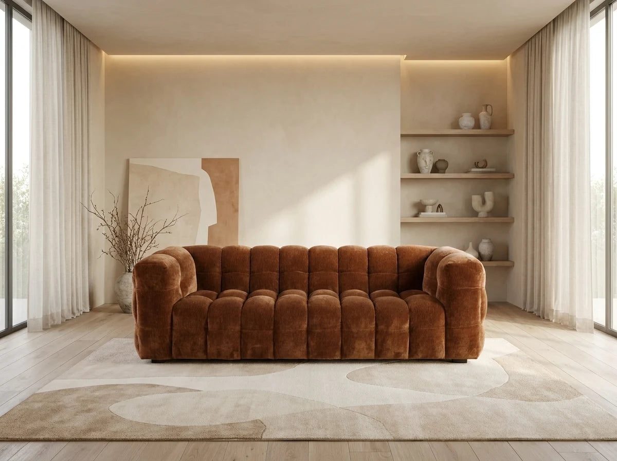 Canapé CLOUD 3/4 places en velours cognac effet vieilli - LILO