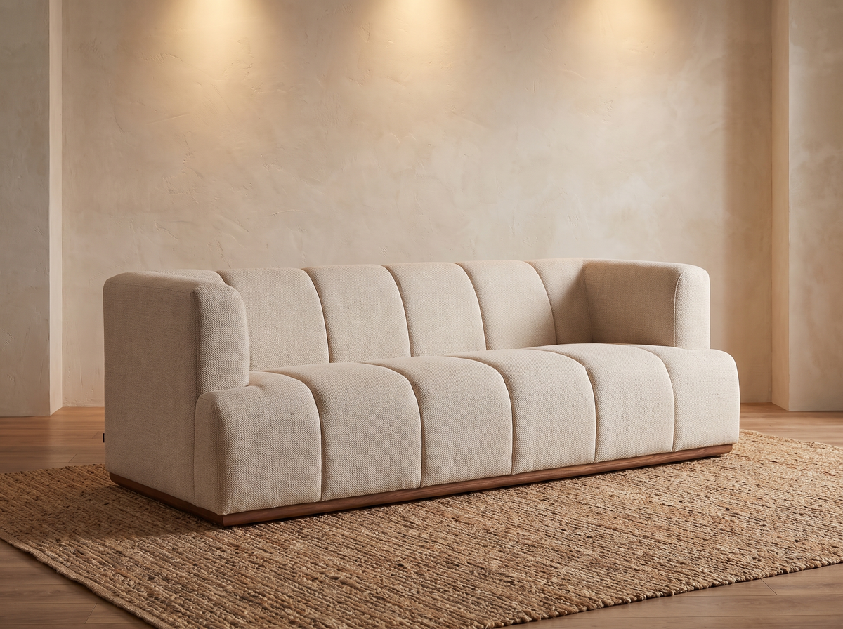 Canapé CLOUD 3 places en tissu tramé beige et bois de frêne coloris noyer - FILAO