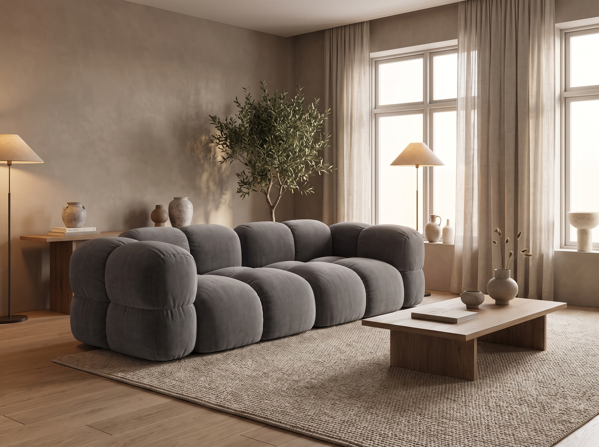 Canapé CLOUD 4 places en velours gris - LORETTO