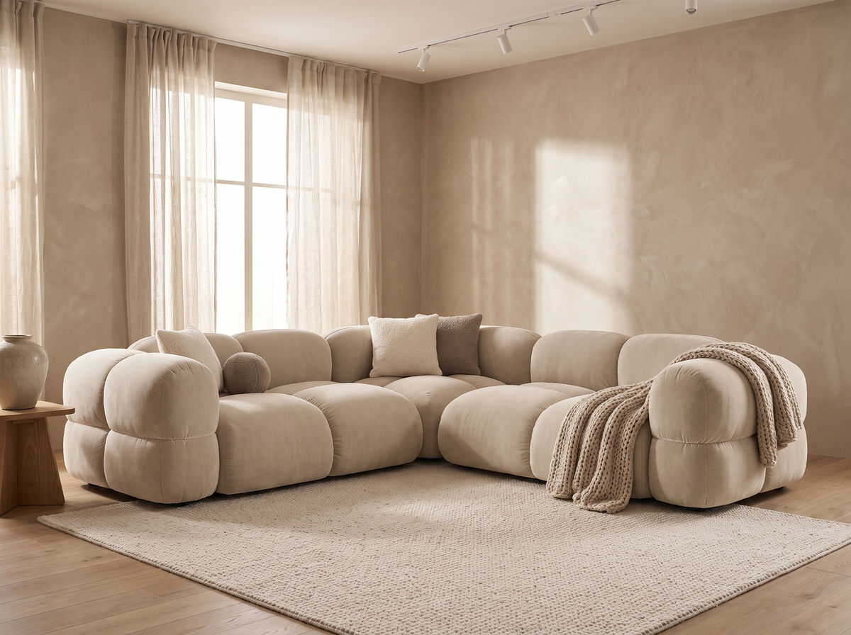 Canapé CLOUD d'angle 4 places en velours beige clair - LORETTO