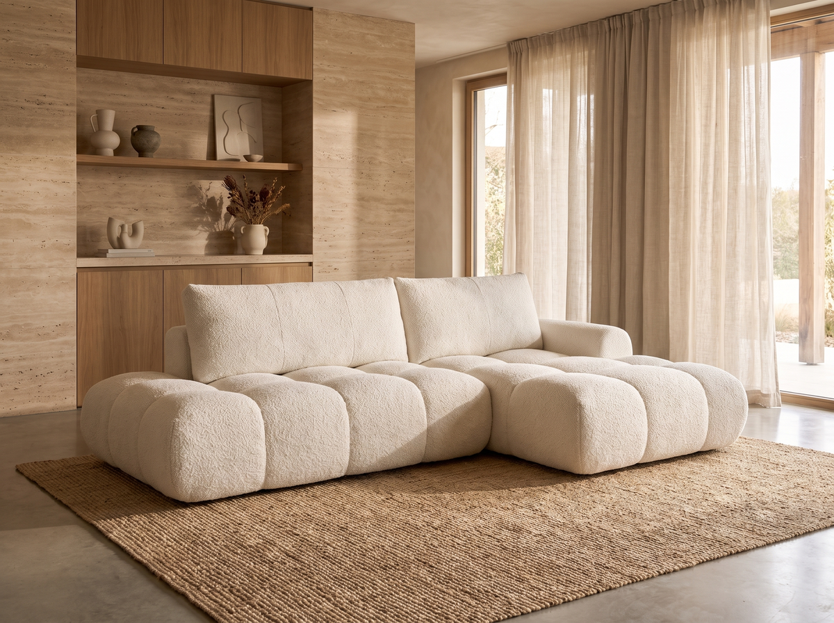 Canapé CLOUD d'angle droit convertible 4 places avec coffre en tissu bouclette beige - YULIN