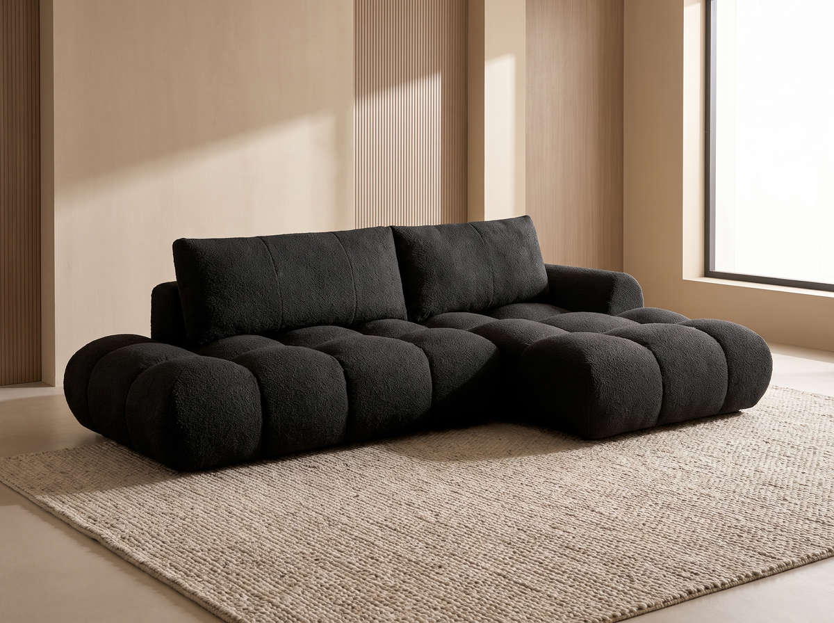 Canapé CLOUD d'angle droit convertible 4 places avec coffre en tissu bouclette noir - YULIN