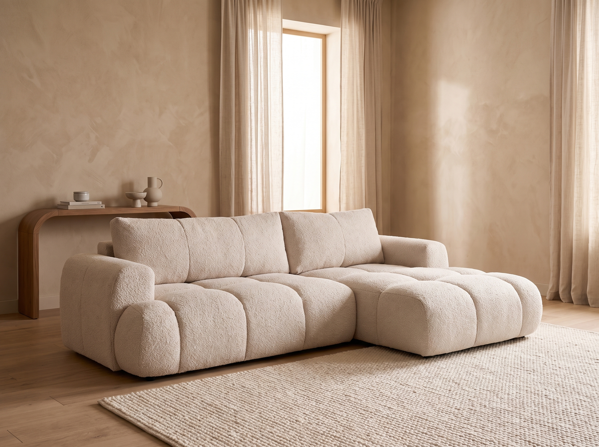 Canapé CLOUD d'angle droit convertible 4 places en tissu bouclette beige - YULIN