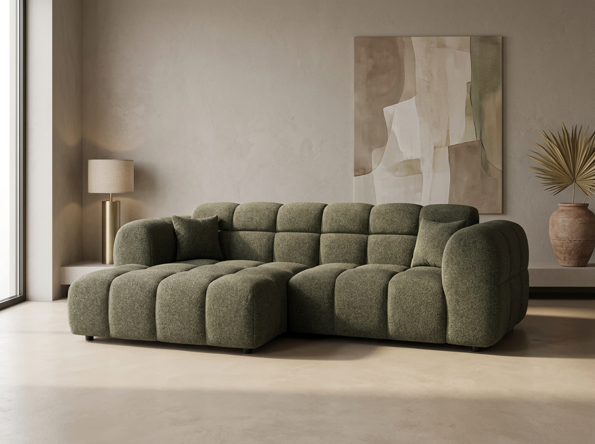 Canapé CLOUD d'angle gauche 4 places en tissu texturé vert kaki - MINI RAY