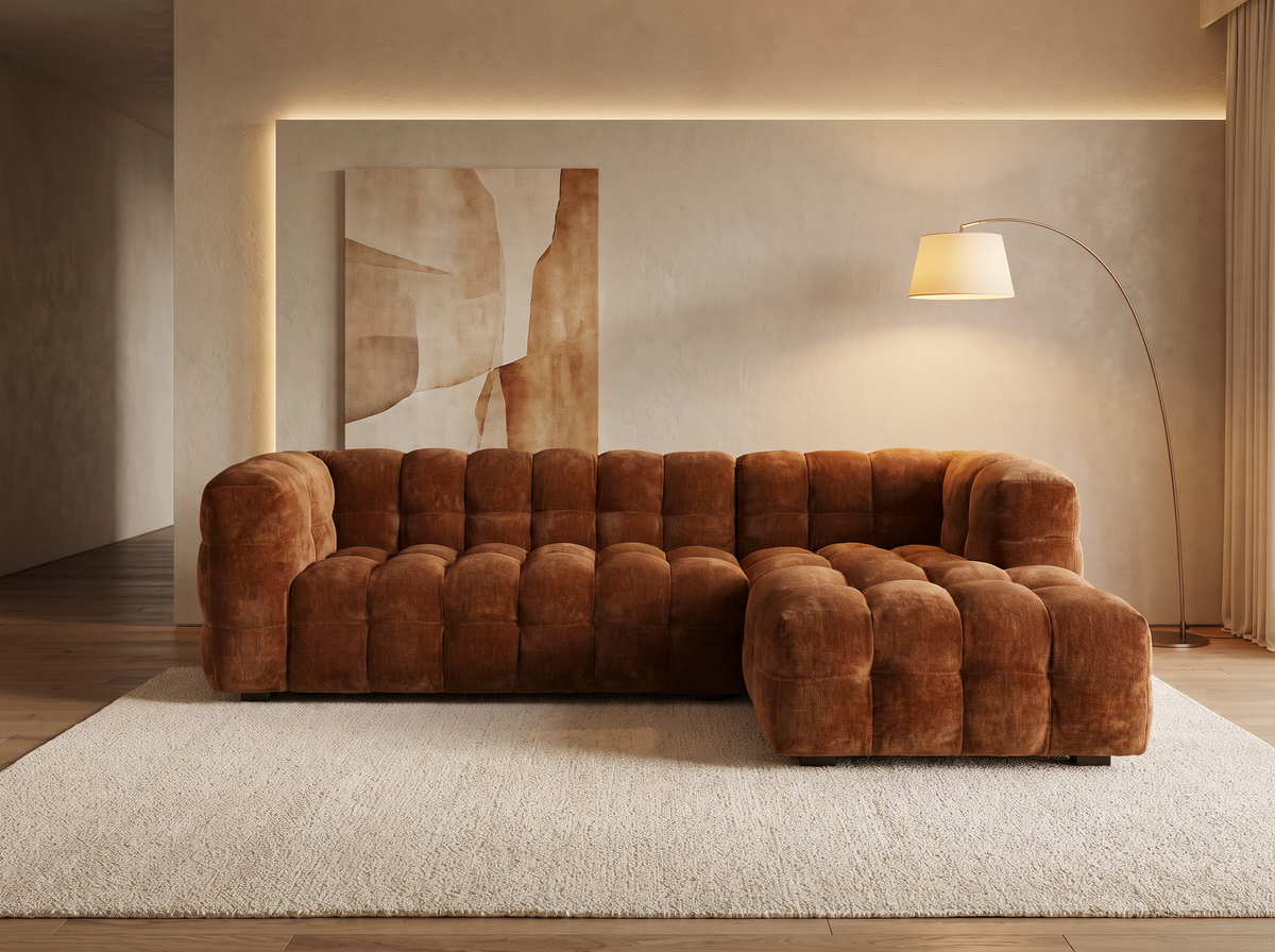 Canapé CLOUD d'angle droit 4/5 places en velours bronze effet vieilli - LILO