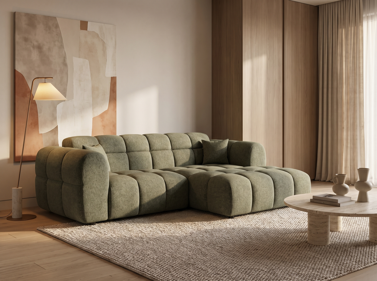 Canapé CLOUD d'angle droit 4 places en tissu texturé vert kaki - MINI RAY
