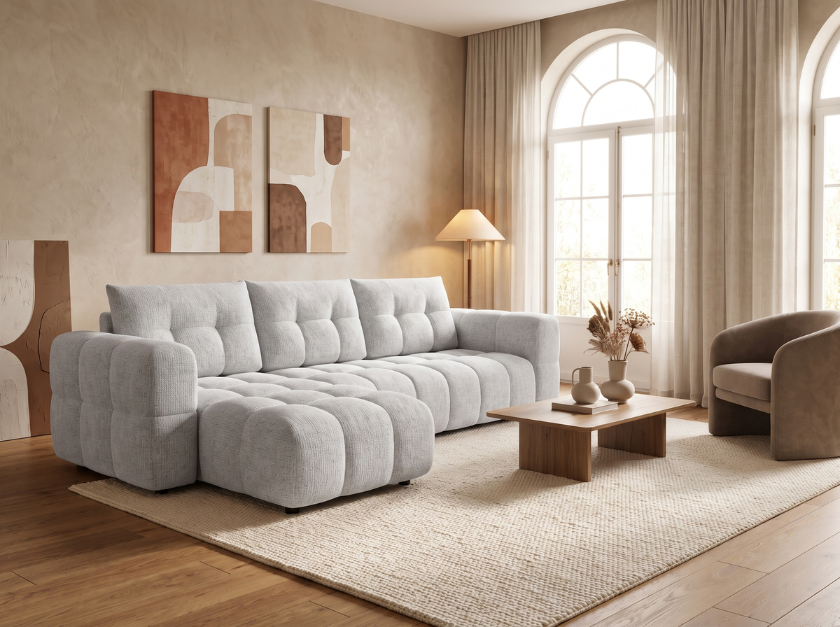 Canapé CLOUD d'angle gauche 4 places en tissu chenille blanc - CLOUDI