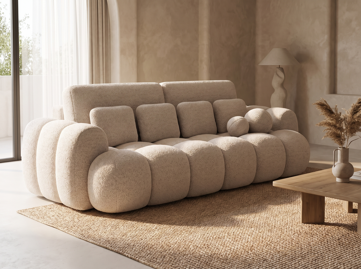 Canapé CLOUD droit convertible 3 places avec coffre en tissu bouclette beige - DORIAN