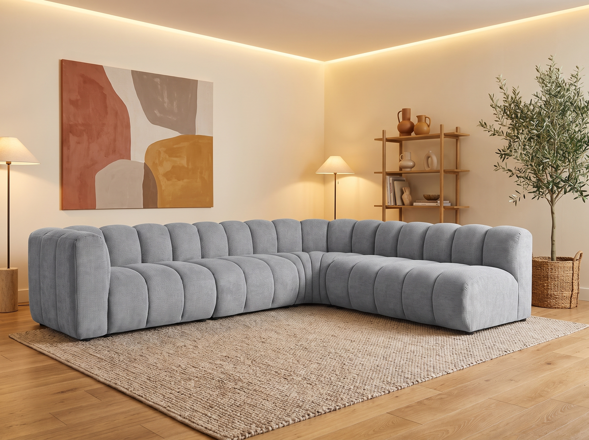 Canapé CLOUD modulable d'angle droit 5 places en tissu texturé gris - DEBBIE