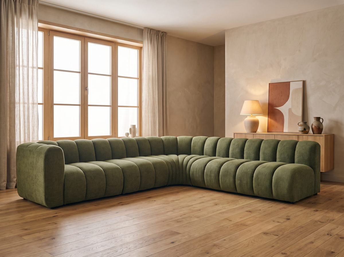 Canapé CLOUD modulable d'angle droit 5 places en tissu texturé vert - DEBBIE