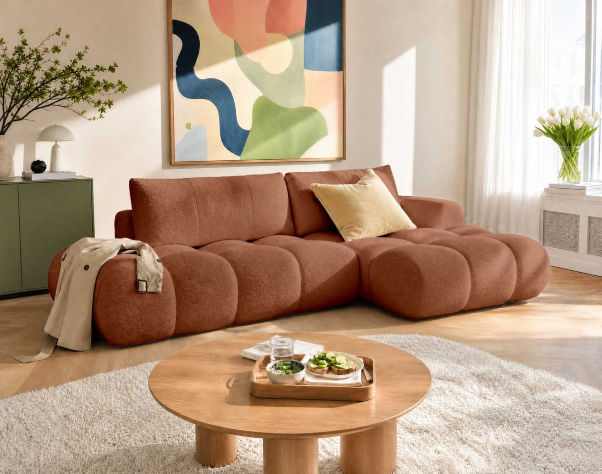 Canapé CLOUD d'angle droit convertible 4 places en tissu bouclette rouille - YULIN