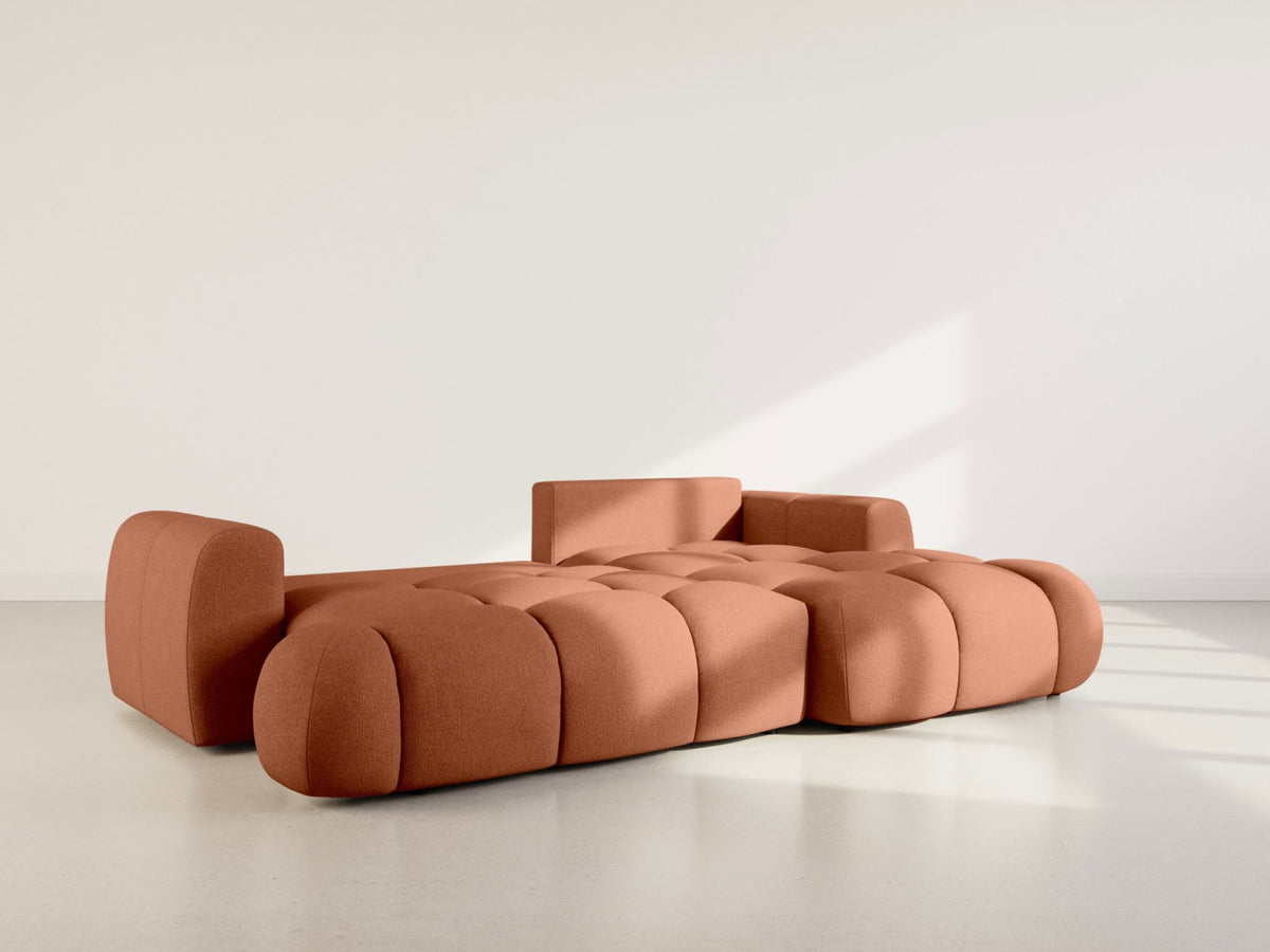 Canapé CLOUD d'angle droit convertible 4 places à méridienne et coffre en tissu bouclette rouille - YULIN