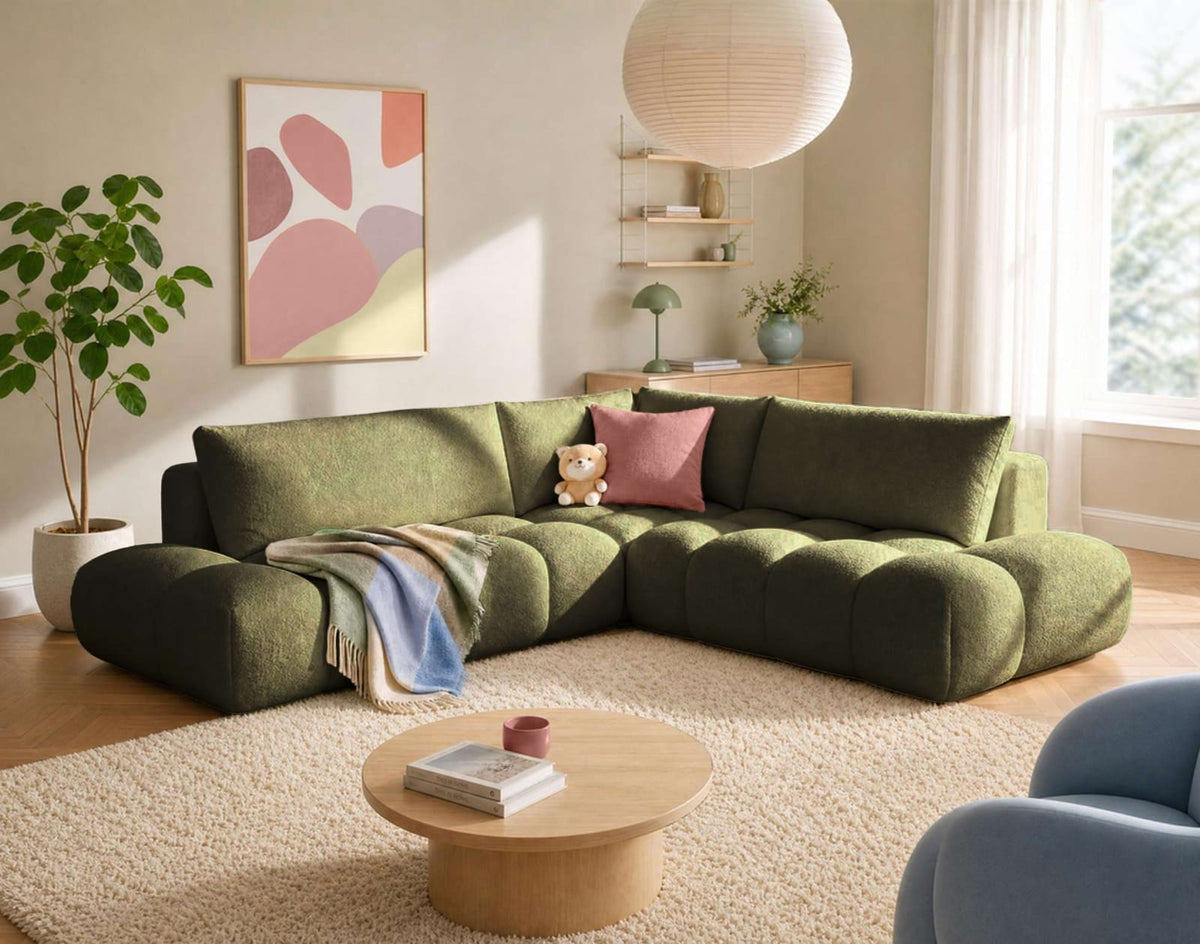 Canapé CLOUD d'angle réversible 5 places en tissu bouclette vert - YULIN
