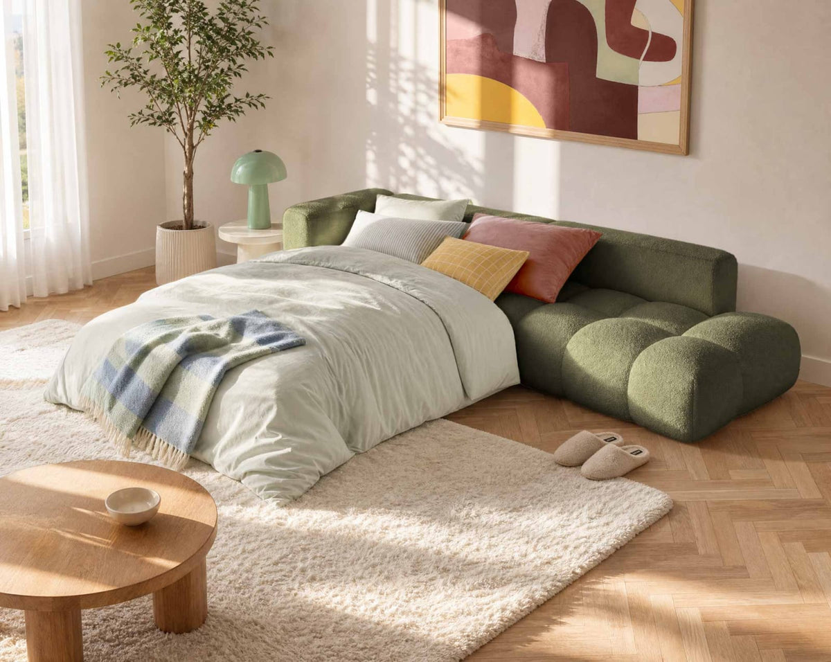 Canapé CLOUD d'angle réversible 5 places en tissu bouclette vert - YULIN