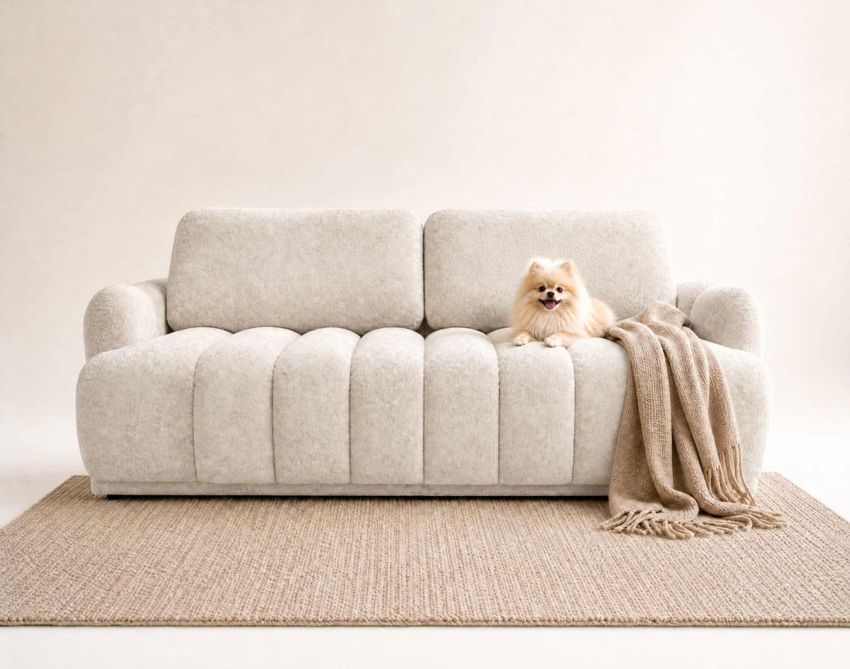 Canapé CLOUD droit convertible 3 places en tissu bouclette beige - SILVIA