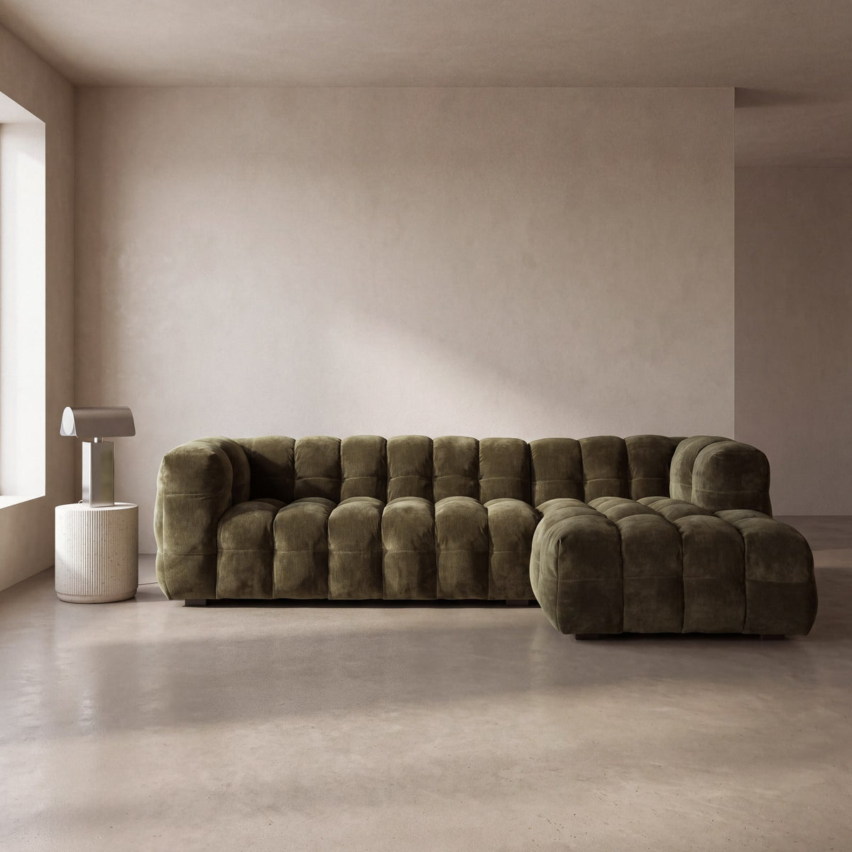 Canapé CLOUD d'angle droit 4/5 places en velours vert kaki effet vieilli - LILO
