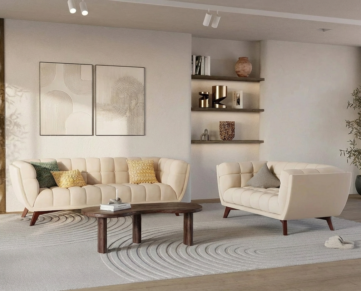 Canapé 3 places vintage en velours beige - MONA